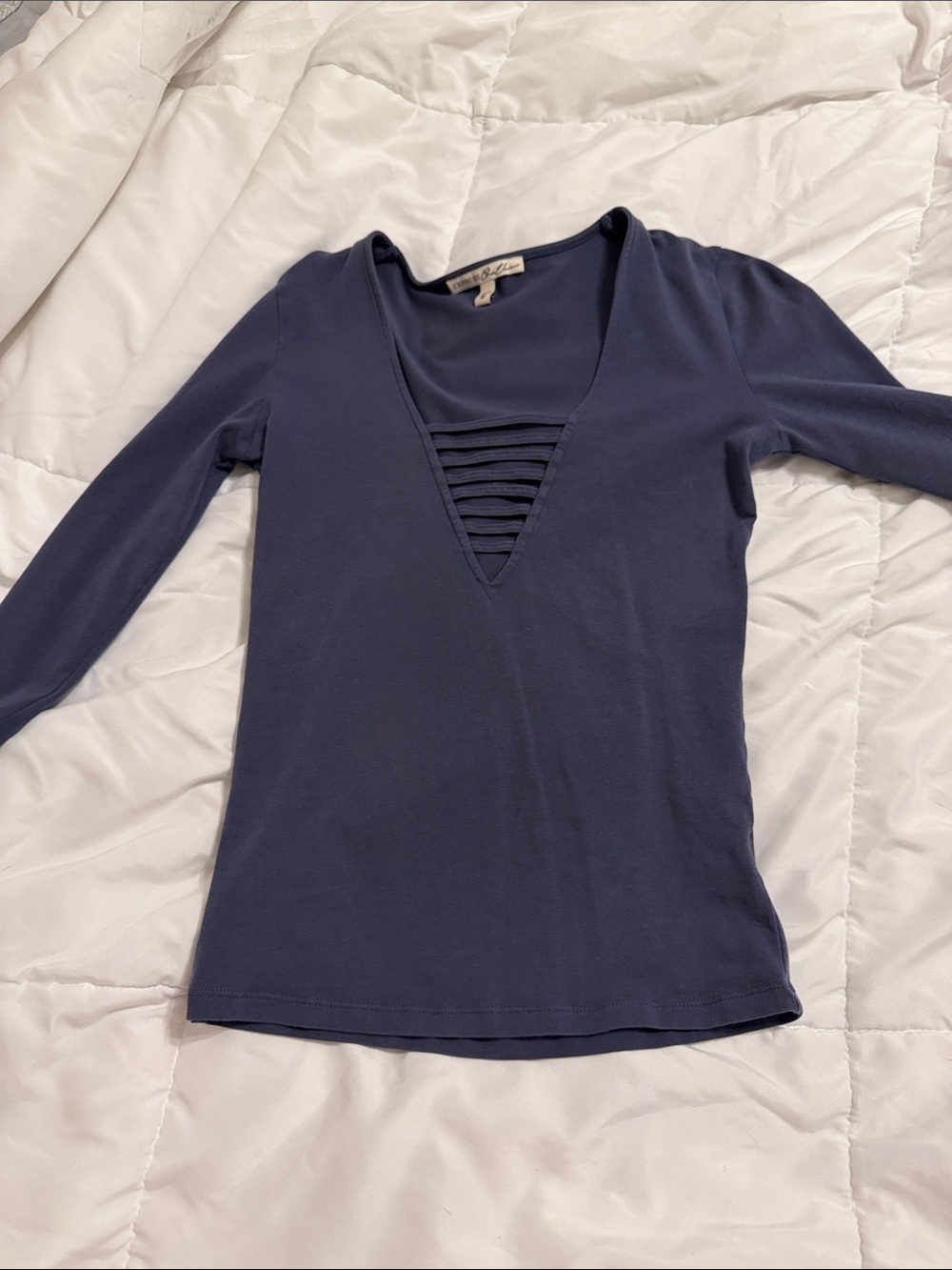 Express Deep V Long-Sleeve Ladder Detail Top in Navy